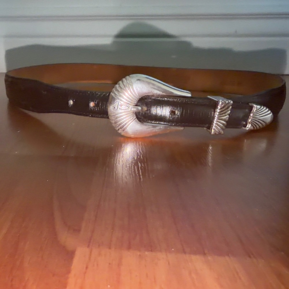Justin Vintage 1991 Western Black Leather Belt Silver Scalloped Buckle 34 Retro